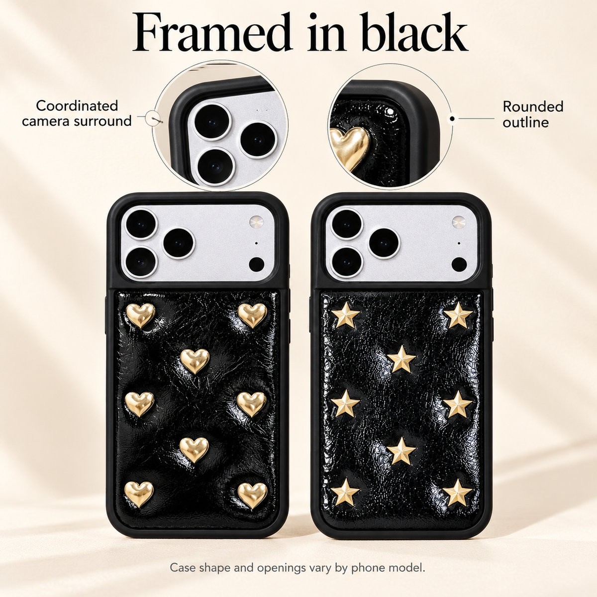 Hearts and Stars iPhone case styles: coordinated black frame and camera surround.