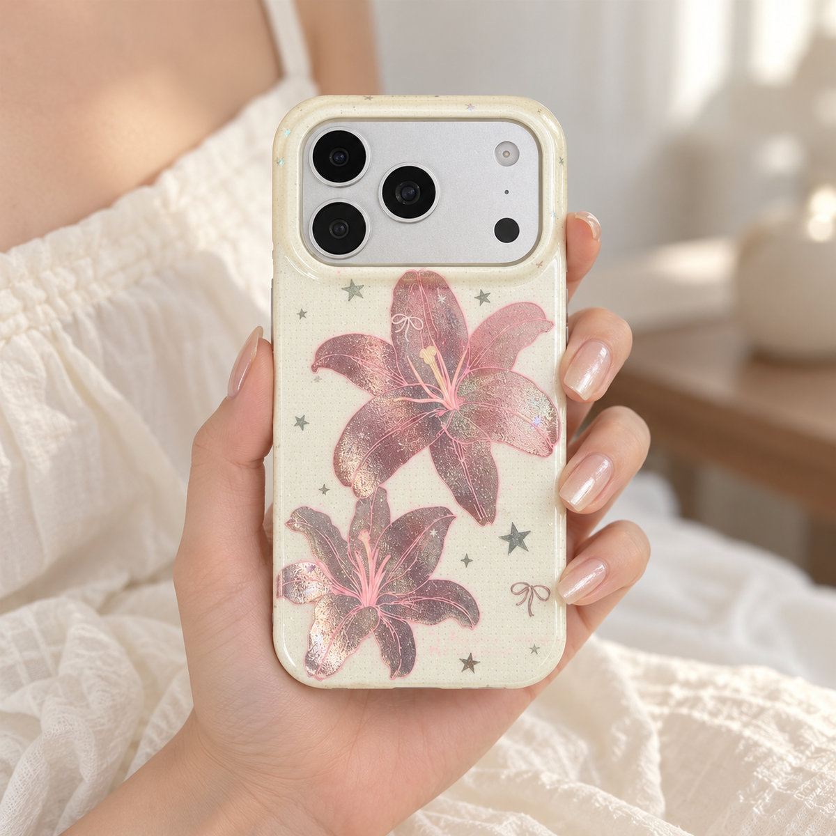 Blush Lily and Star case held upright with both pink floral motifs visible.