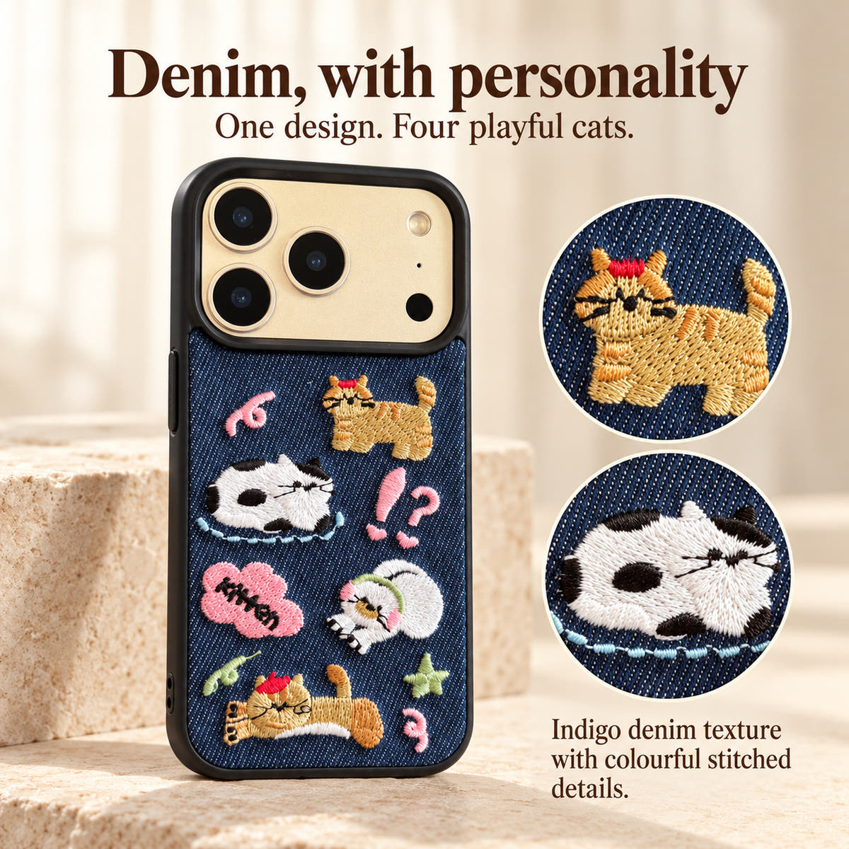 Kawaii Cat Denim case design guide showing the indigo fabric and four embroidered cats