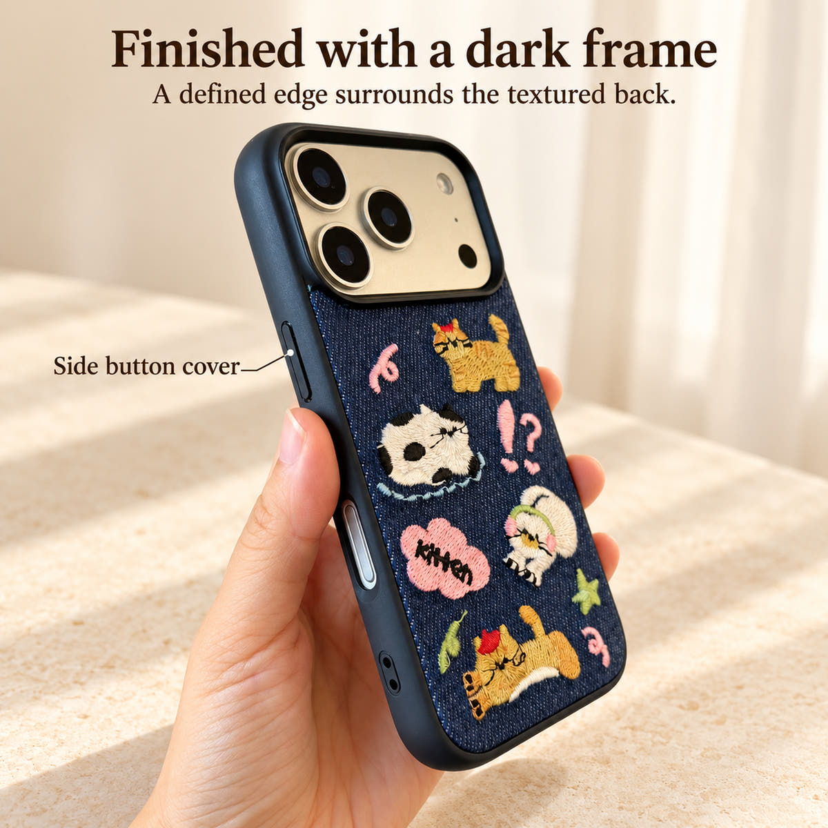 Kawaii Cat Denim case dark frame and side button cover