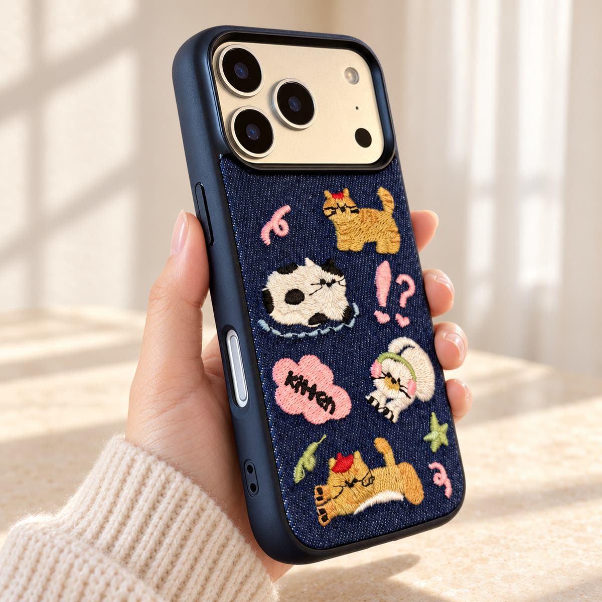 Kawaii Cat Embroidered Denim iPhone case — handheld front view