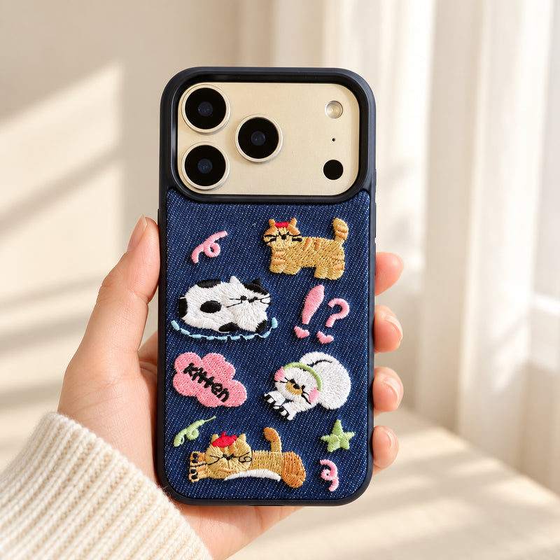 Kawaii Cat Embroidered Denim iPhone case held upright showing its full back design