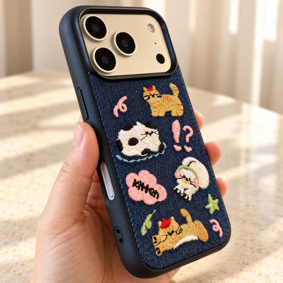 Kawaii Cat Embroidered Denim iPhone case — pattern detail view