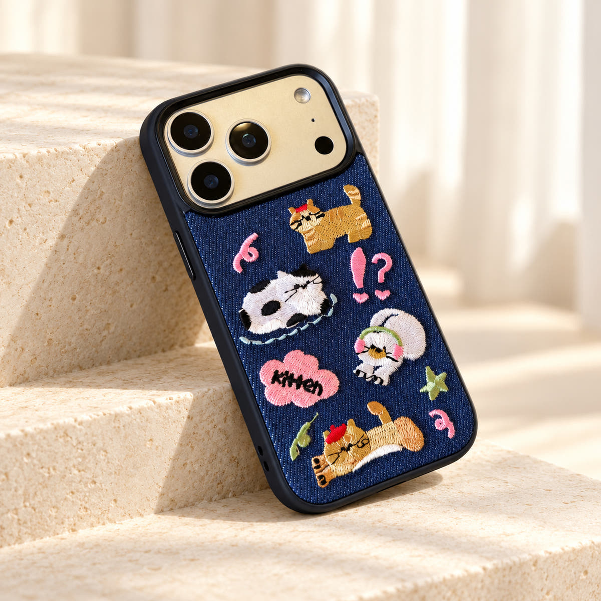 Kawaii Cat Embroidered Denim iPhone case — studio final view