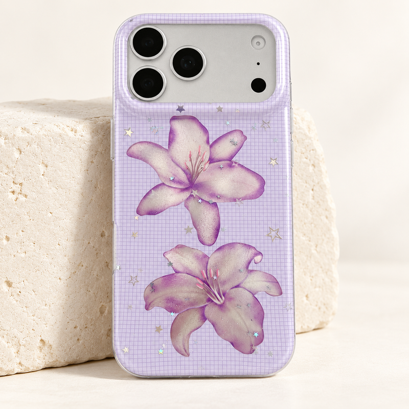 Lavender Lily and Star iPhone Case showing two purple-silver lilies on a fine lilac grid.