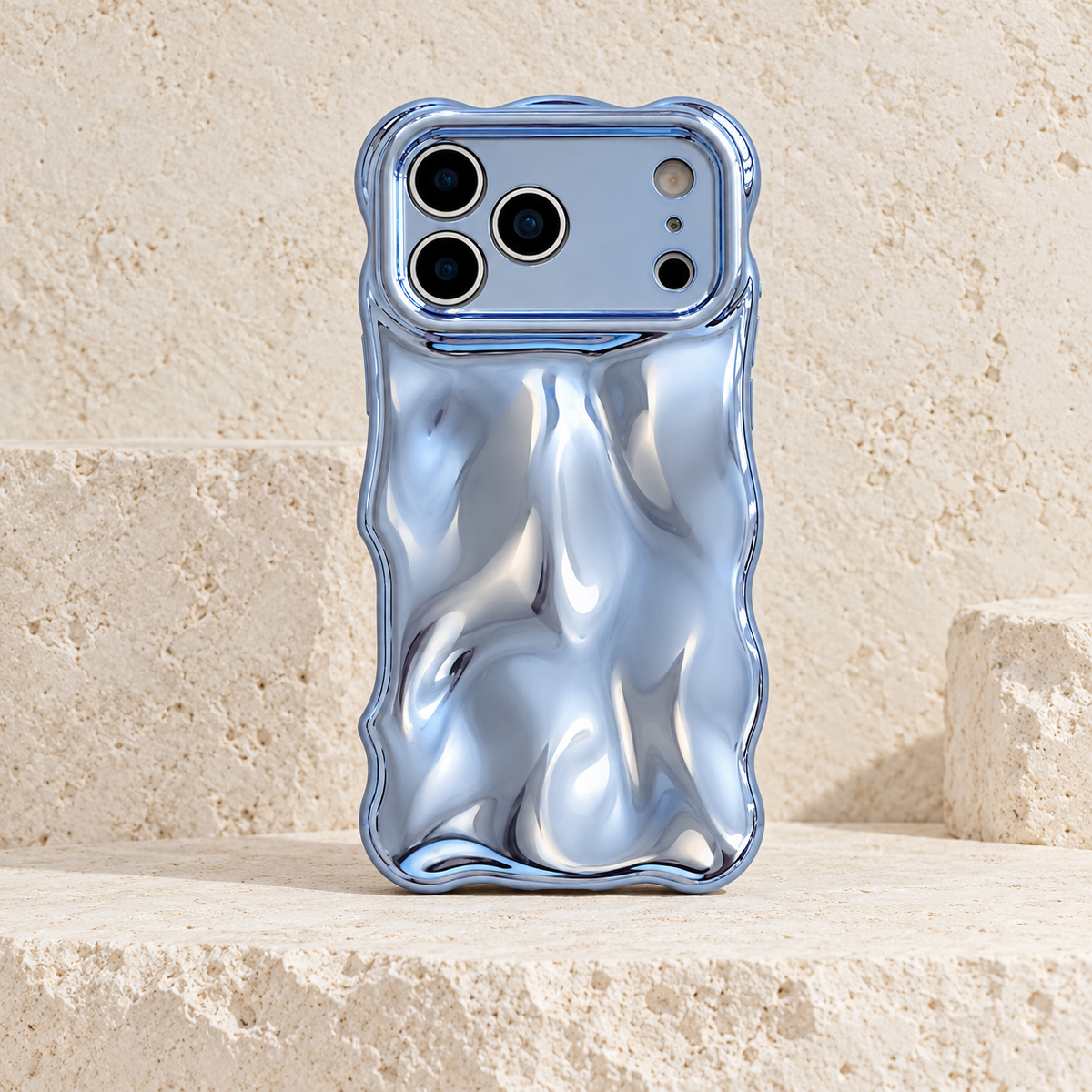 Liquid Chrome Wave iPhone case in Blue shown from the rear.
