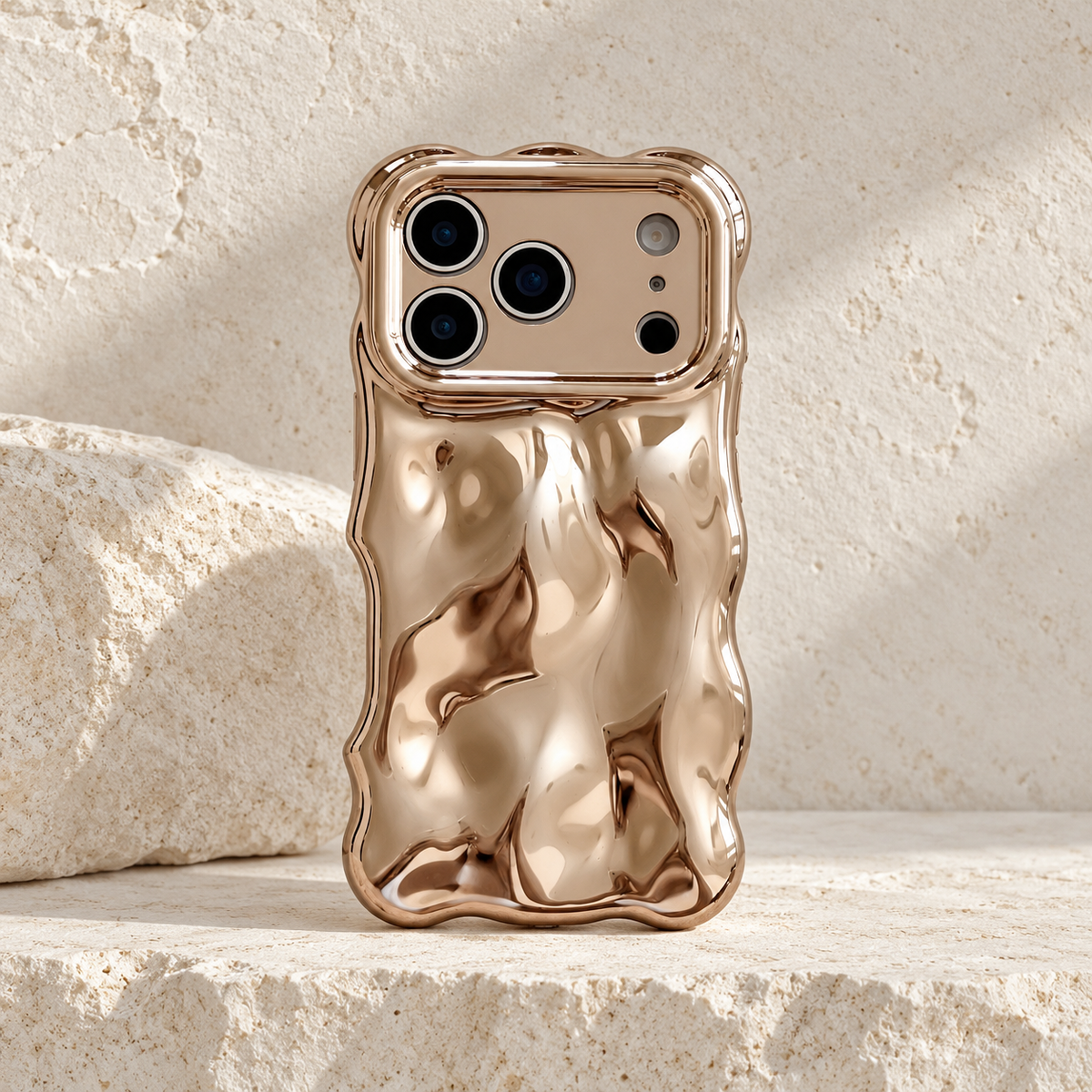 Liquid Chrome Wave iPhone case in Champagne shown from the rear.