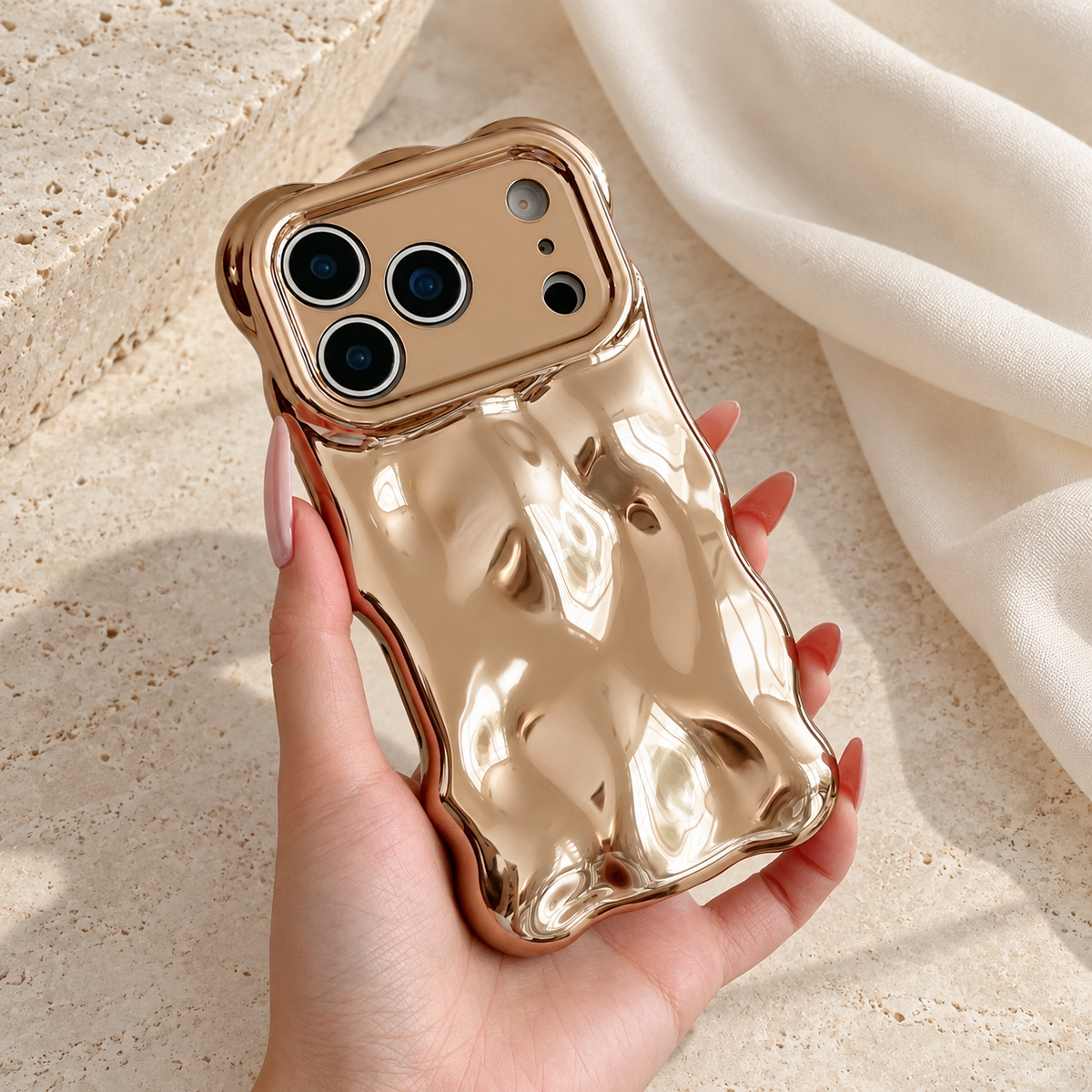 Liquid Chrome Wave iPhone case in Champagne shown in a natural lifestyle view.