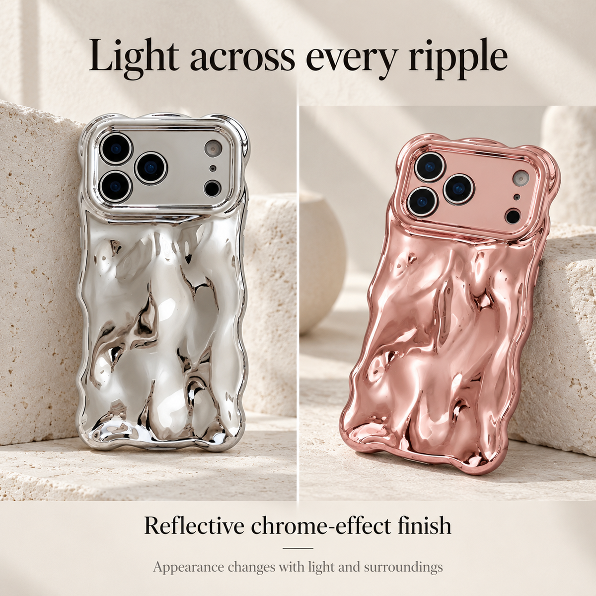 Feature panel showing the reflective chrome-effect finish and sculpted ripple surface.