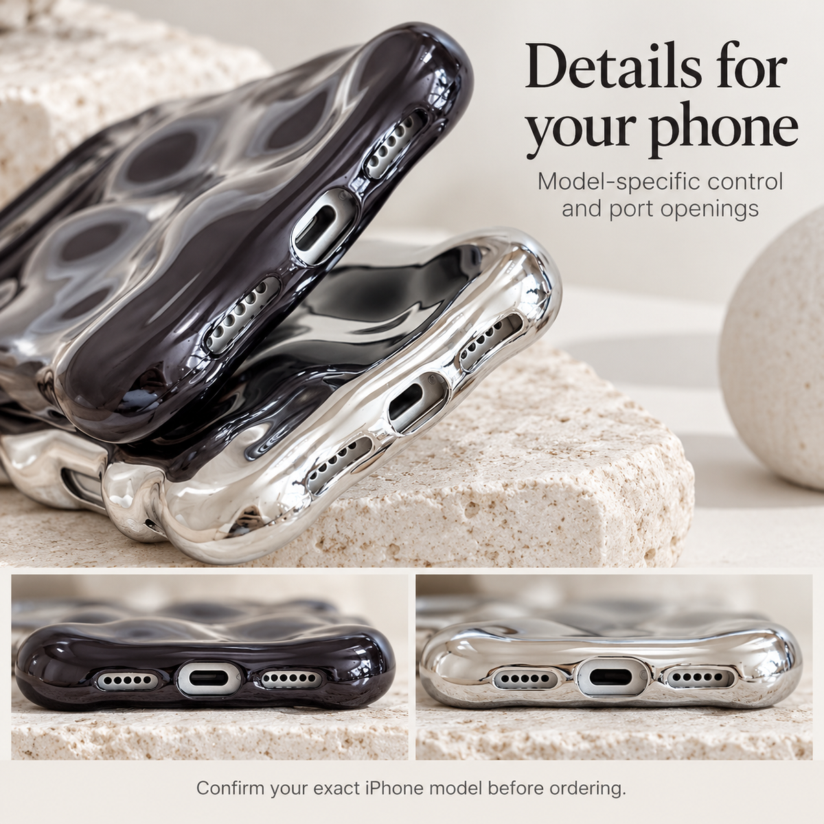 Information panel showing model-specific port openings and reminding shoppers to confirm their iPhone model.
