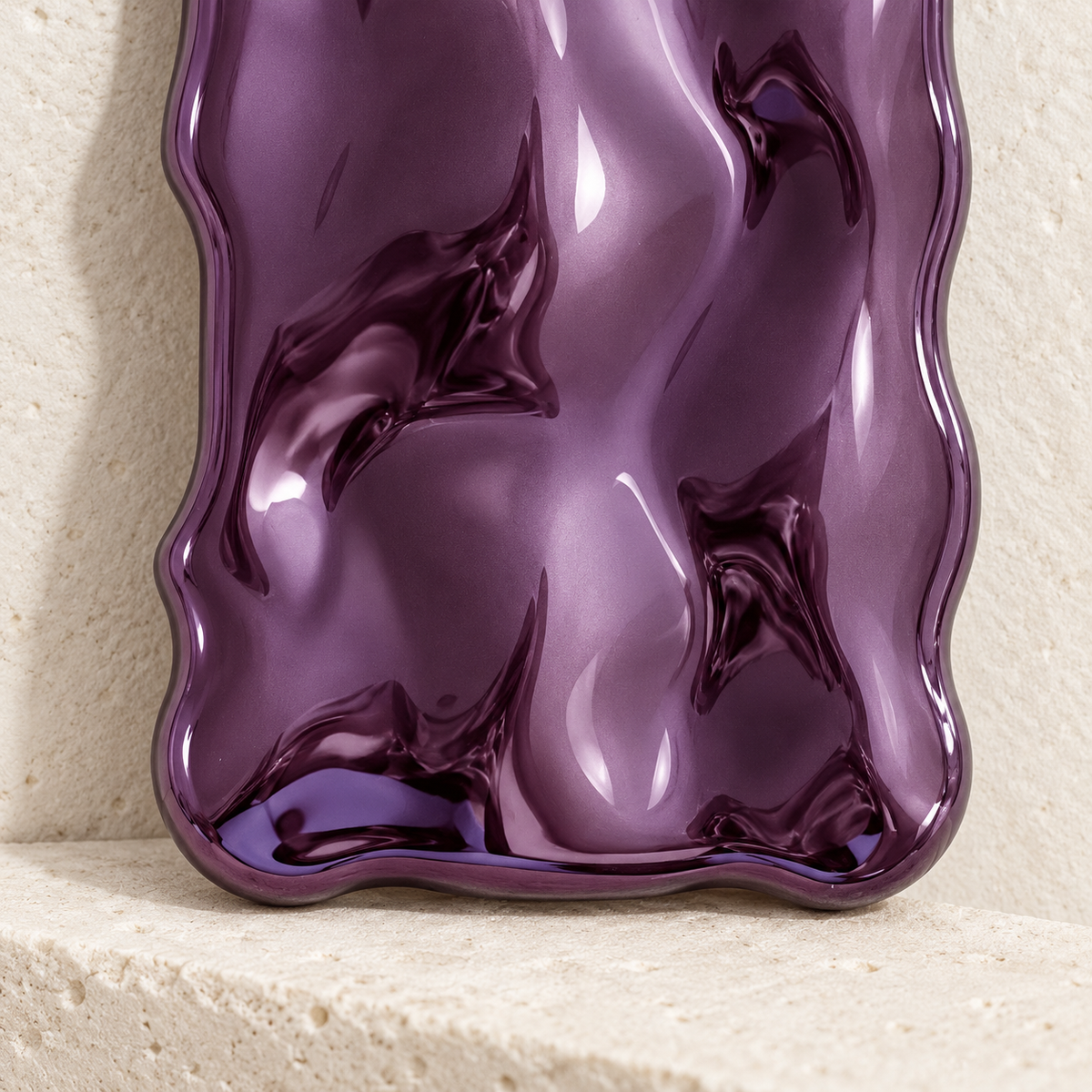 Close-up of the Purple Liquid Chrome Wave case's rippled finish and lower curved edge.