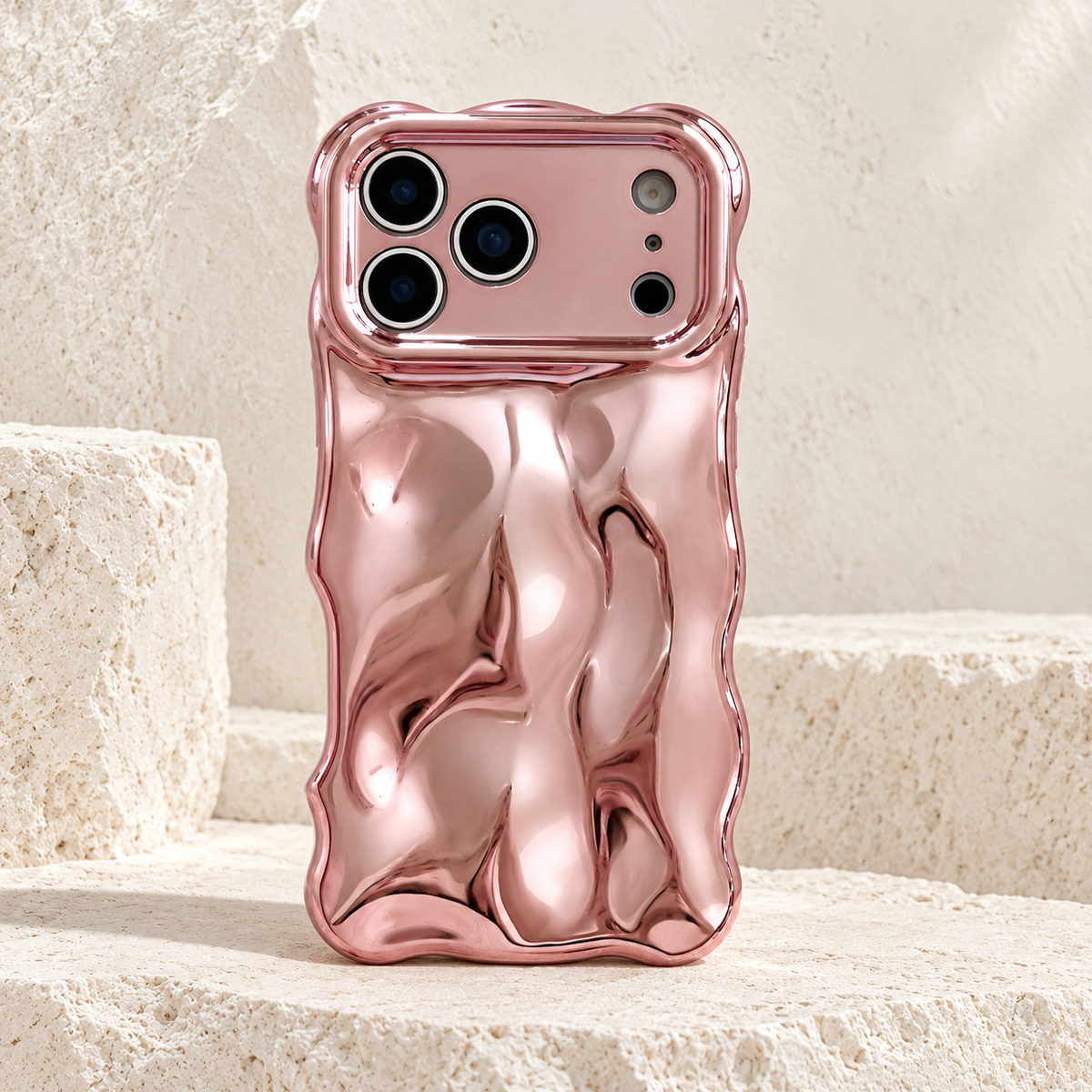 Liquid Chrome Wave iPhone case in Rose Pink shown from the rear.