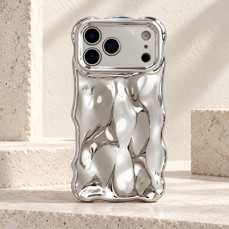 Liquid Chrome Wave iPhone case in Silver with reflective sculpted back and wavy edges.