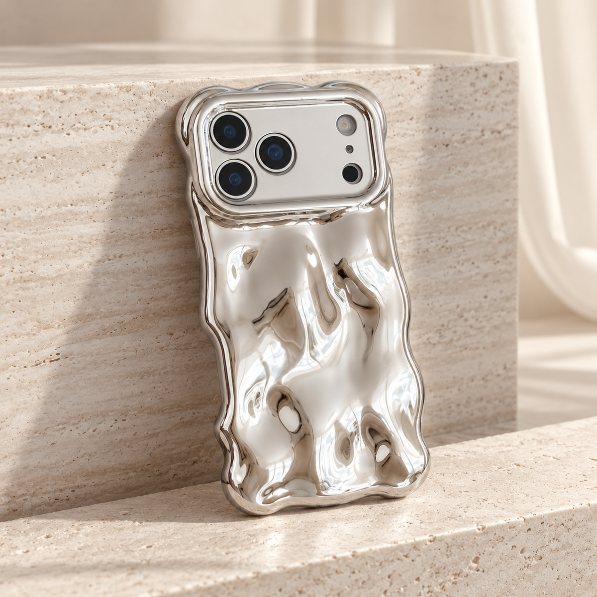 Liquid Chrome Wave iPhone case in Silver shown in a natural lifestyle view.
