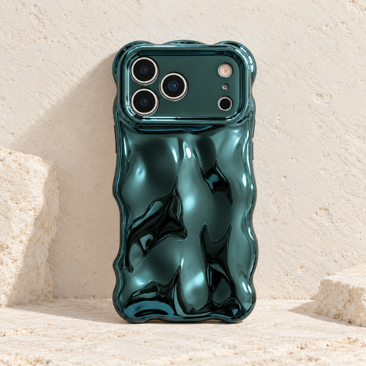 Liquid Chrome Wave iPhone case in Teal shown from the rear.