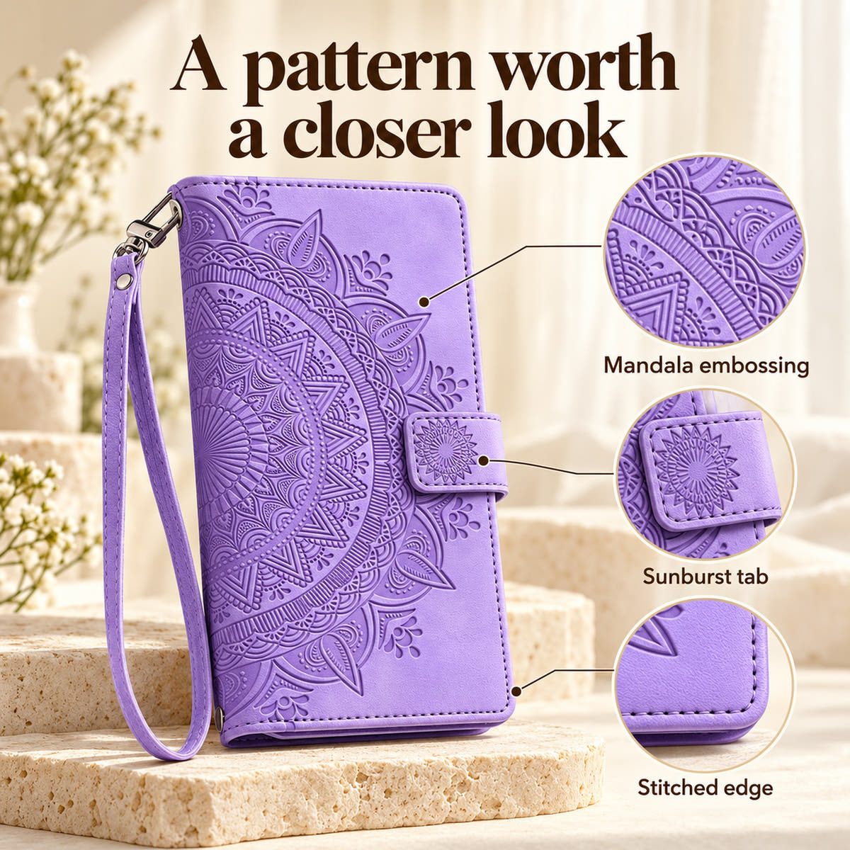 Lotus Mandala Lavender case with close-up labels for the mandala embossing, sunburst tab and stitched edge