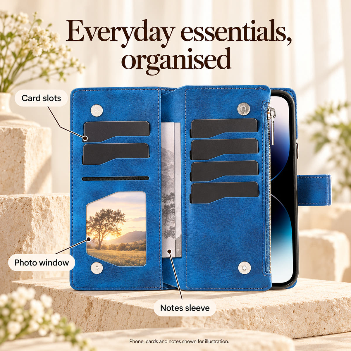 Lotus Mandala wallet case open to show foldout card storage, photo window and notes sleeve