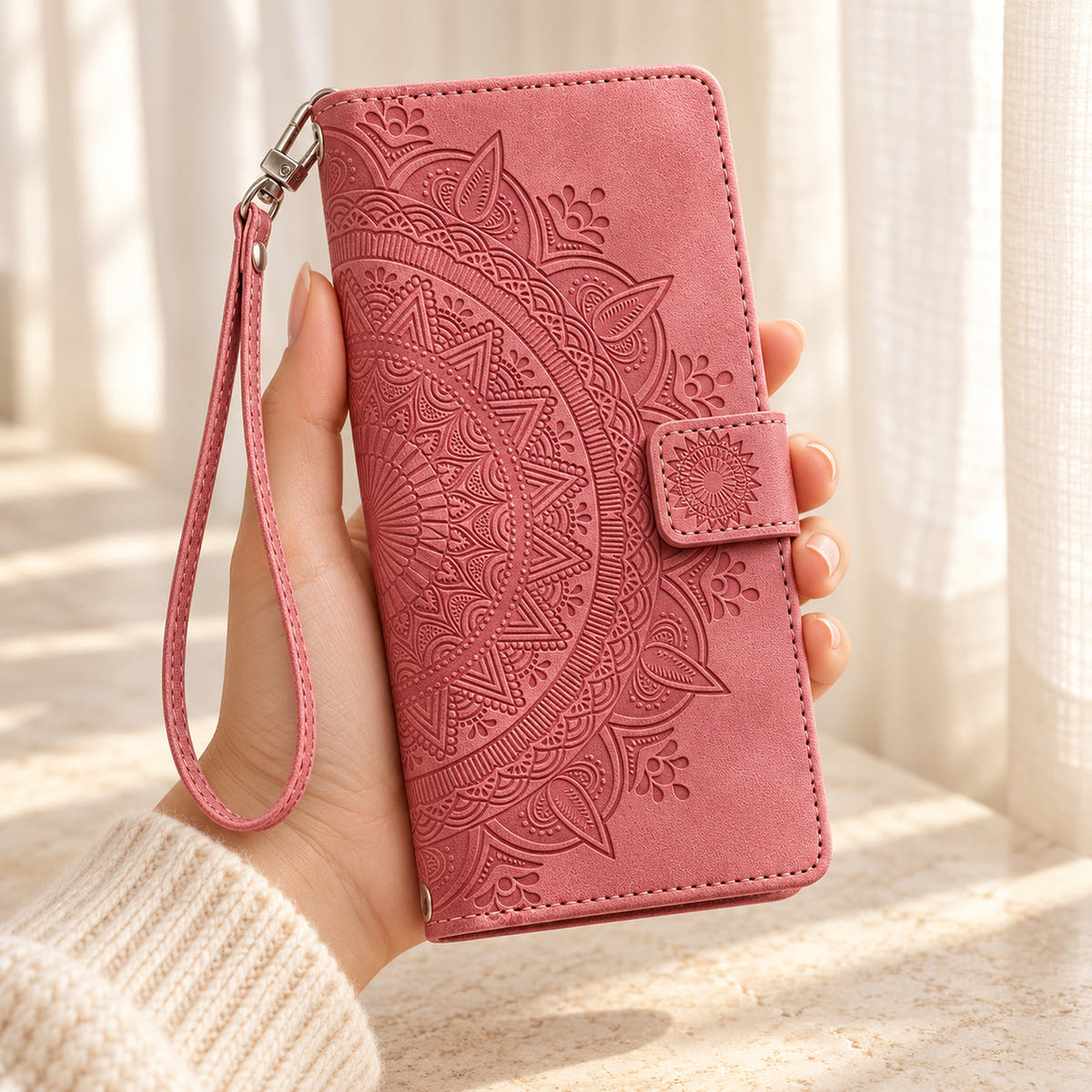 Lotus Mandala iPhone wallet case in Pink showing the embossed front and wrist strap held in a cream-sleeve hand