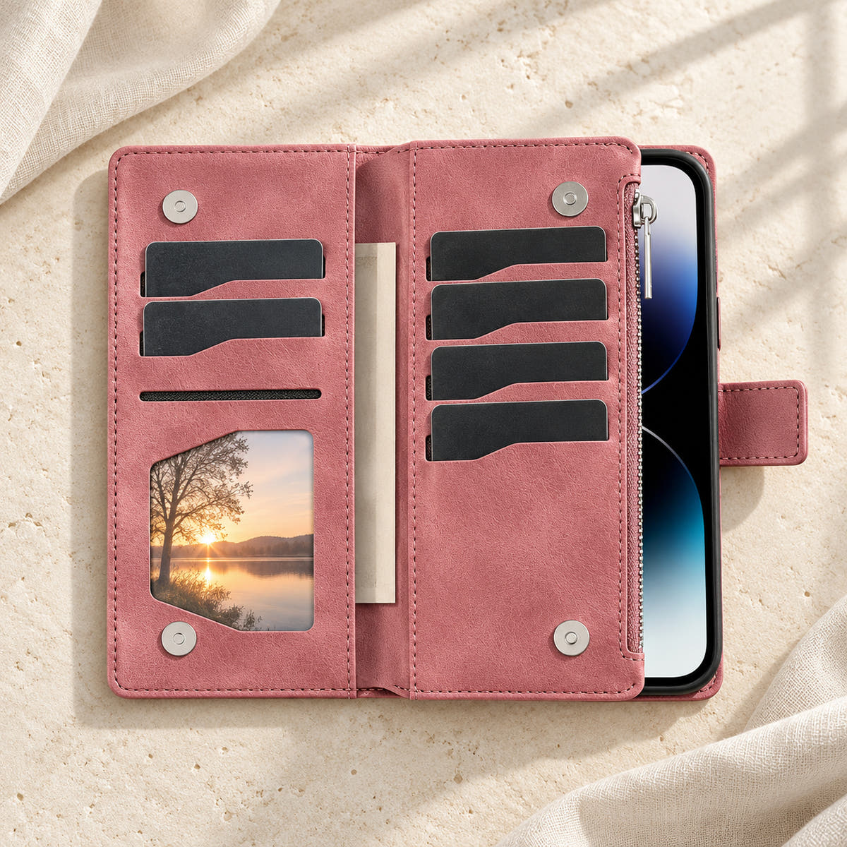 Lotus Mandala iPhone wallet case in Pink showing the foldout card panels, photo window and notes sleeve