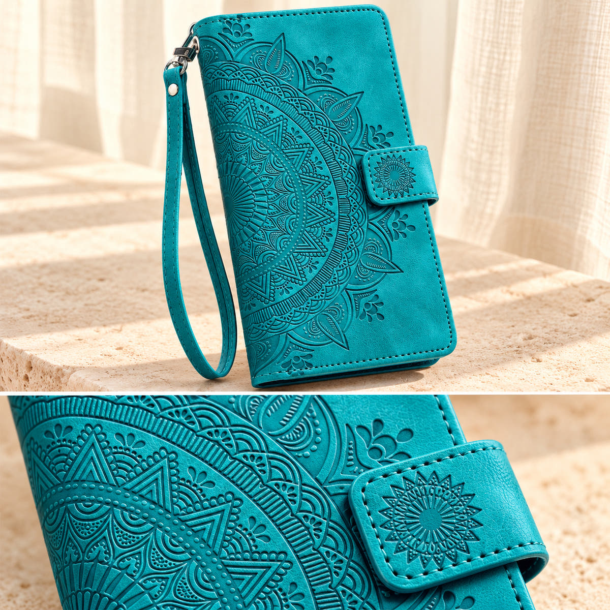 Lotus Mandala iPhone wallet case in Sea Green showing the mandala embossing, sunburst tab and stitched edge
