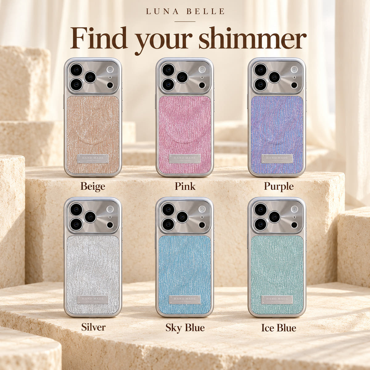 Luna Belle colour guide showing Beige, Pink, Purple, Silver, Sky Blue and Ice Blue shimmer cases.