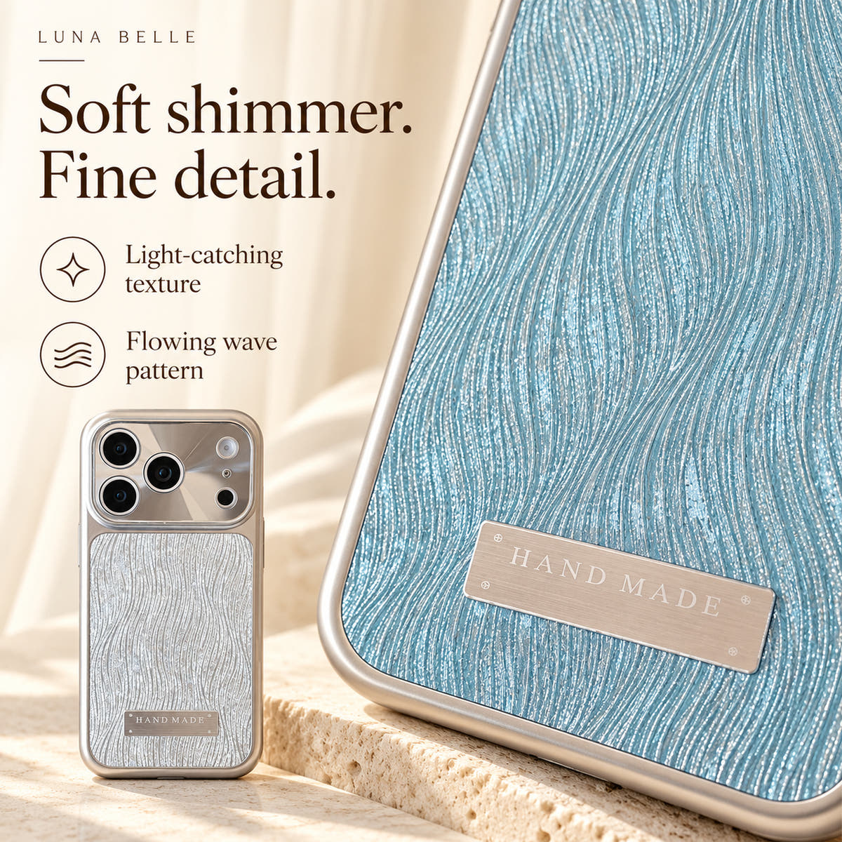 Close-up of Luna Belle's light-catching wave-textured shimmer finish.