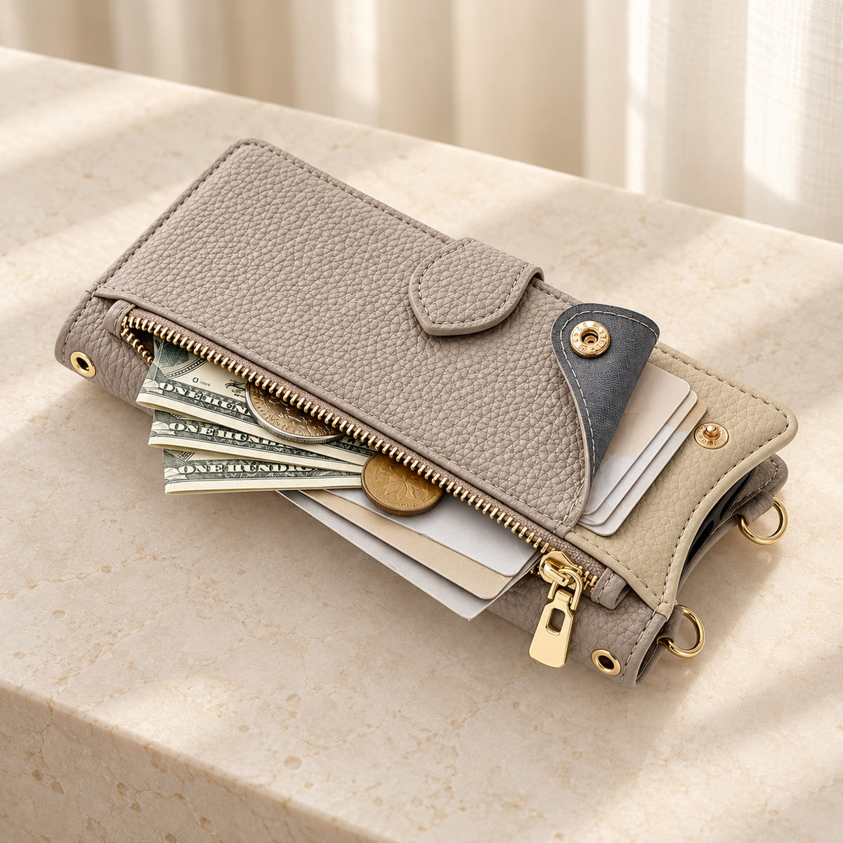 Luxe Colourblock iPhone wallet case in Beige showing the open front zip pocket and press-stud card pocket