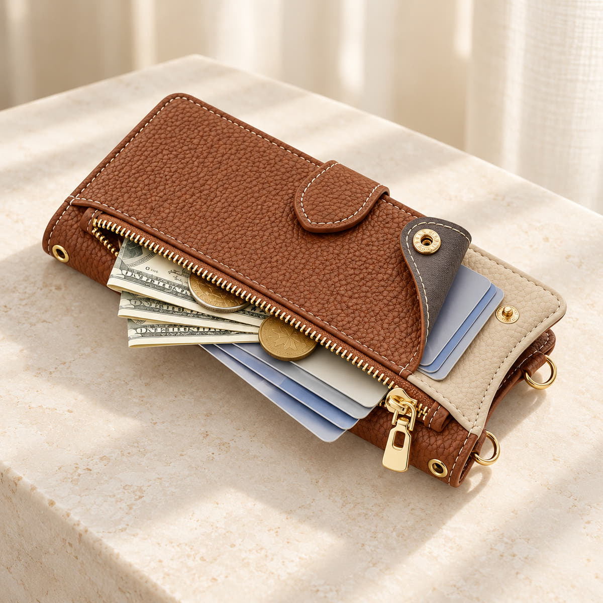 Luxe Colourblock iPhone wallet case in Brown showing the open front zip pocket and press-stud card pocket