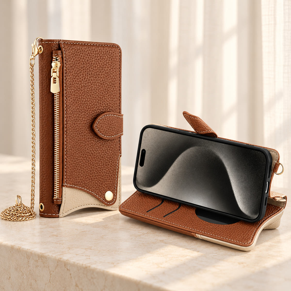 Luxe Colourblock iPhone wallet case in Brown folded into a landscape viewing stand
