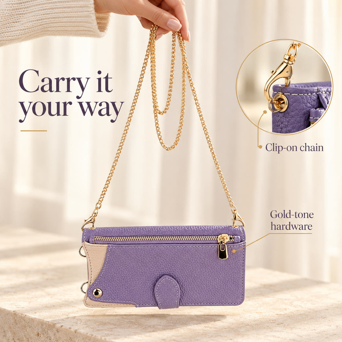 Luxe Colourblock wallet case information graphic showing the clip-on gold-tone chain and attachment hardware