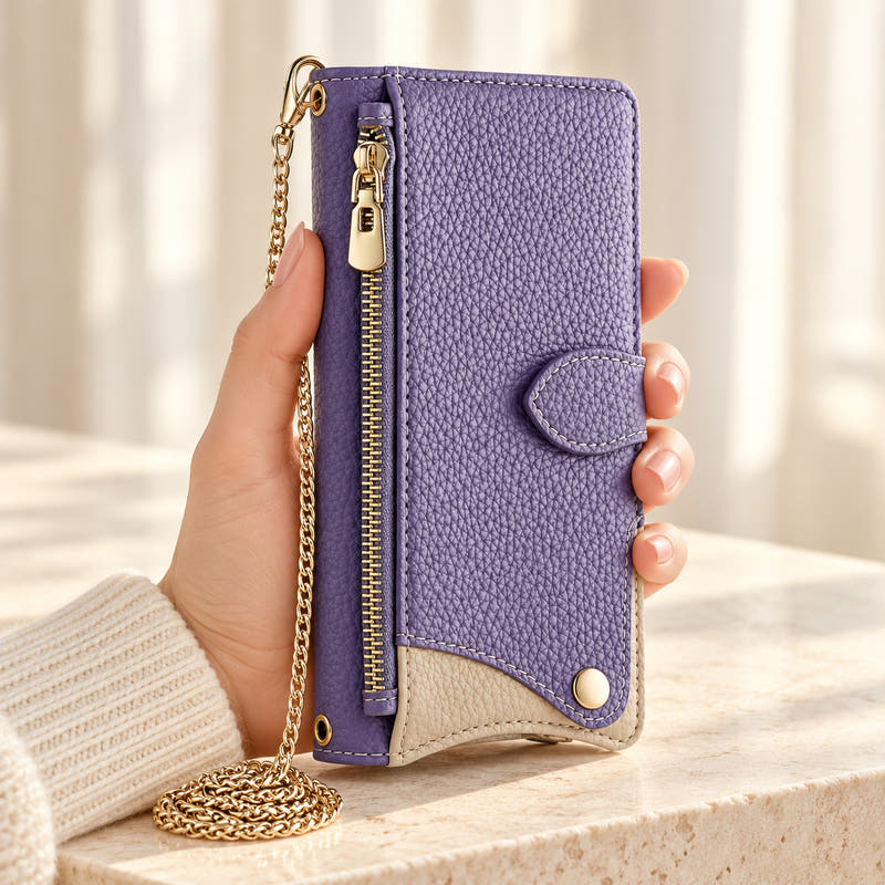 Luxe Colourblock iPhone wallet case in Lavender held upright, showing the zip pocket, cream contrast panel and chain