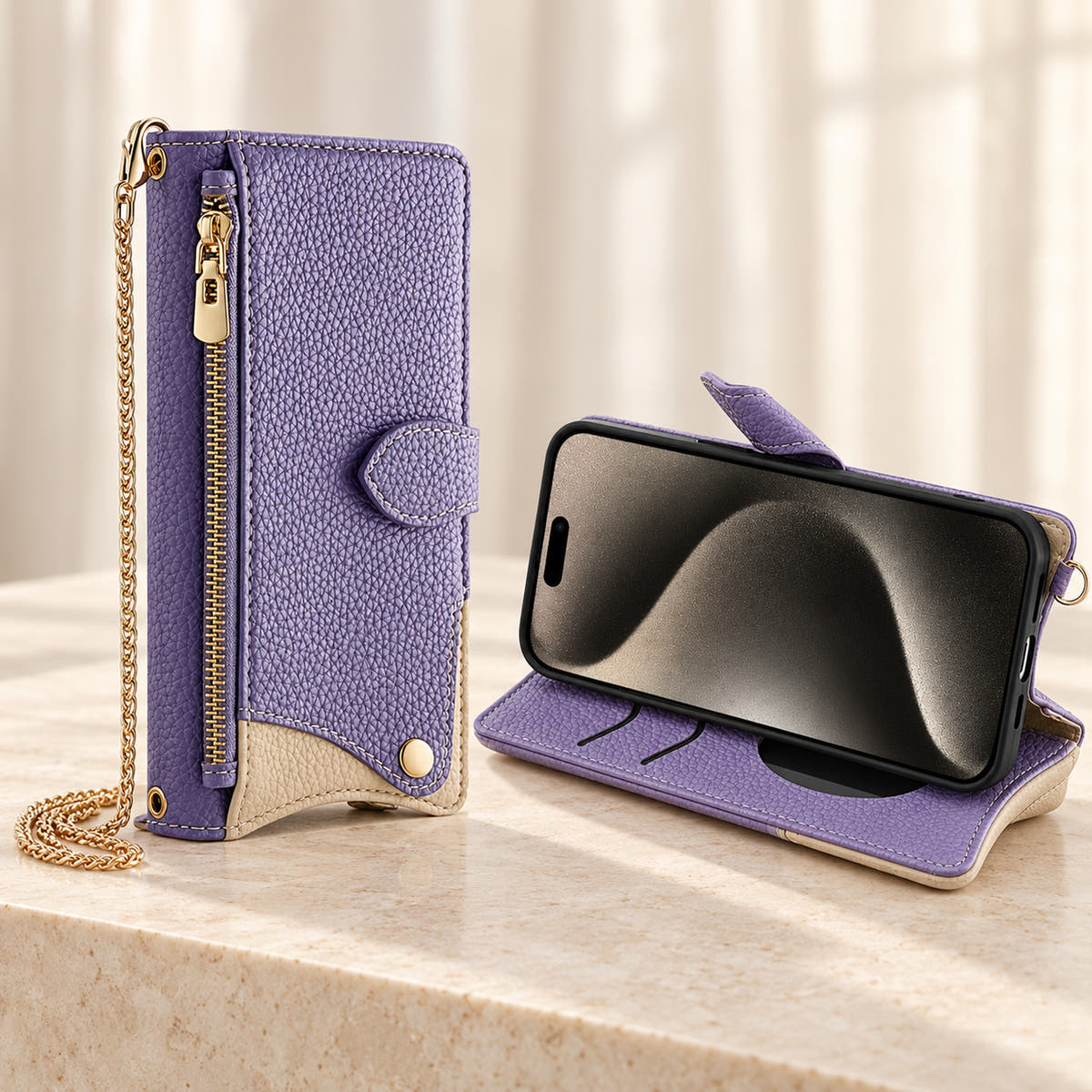 Luxe Colourblock iPhone wallet case in Lavender folded into a landscape viewing stand
