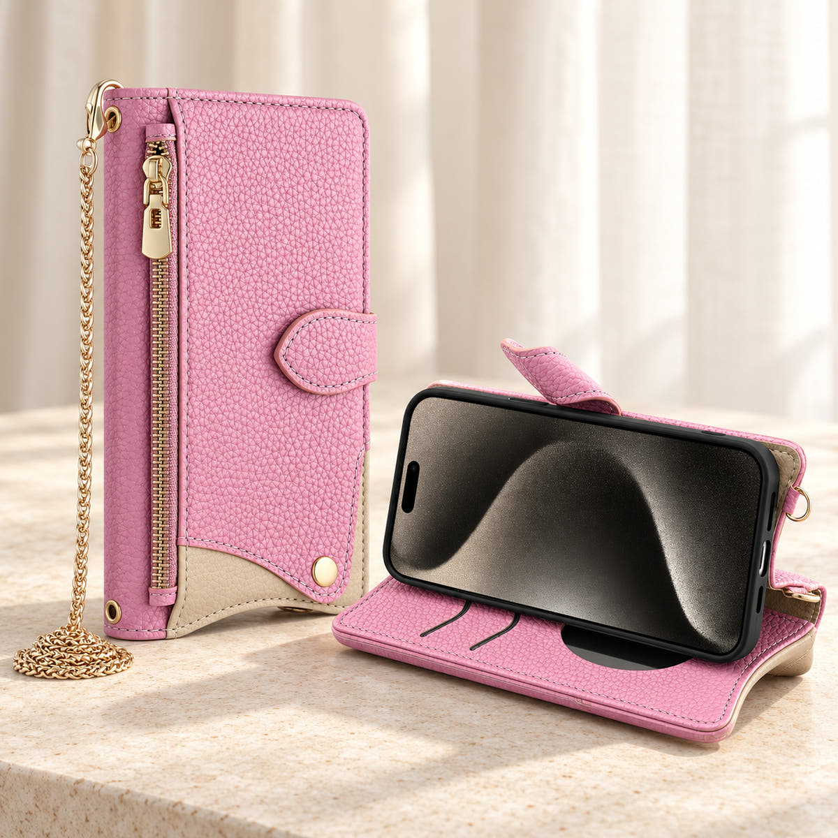 Luxe Colourblock iPhone wallet case in Pink folded into a landscape viewing stand