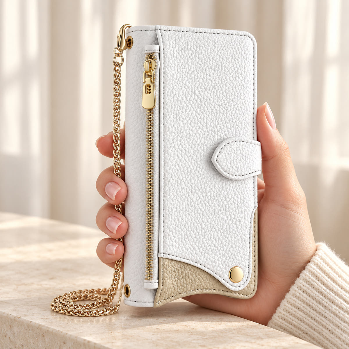 Luxe Colourblock iPhone wallet case in White held upright, showing the zip pocket, cream contrast panel and chain
