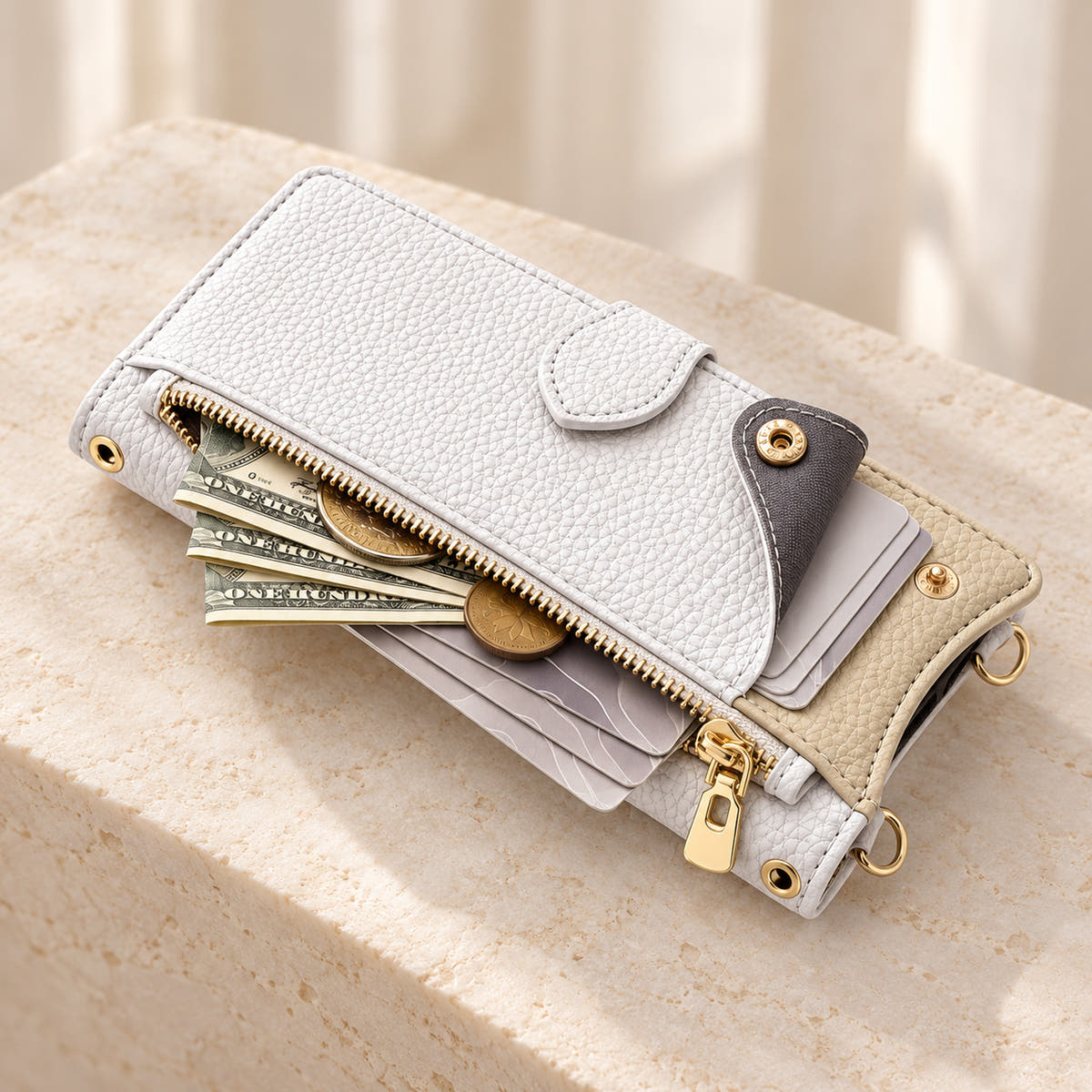 Luxe Colourblock iPhone wallet case in White showing the open front zip pocket and press-stud card pocket