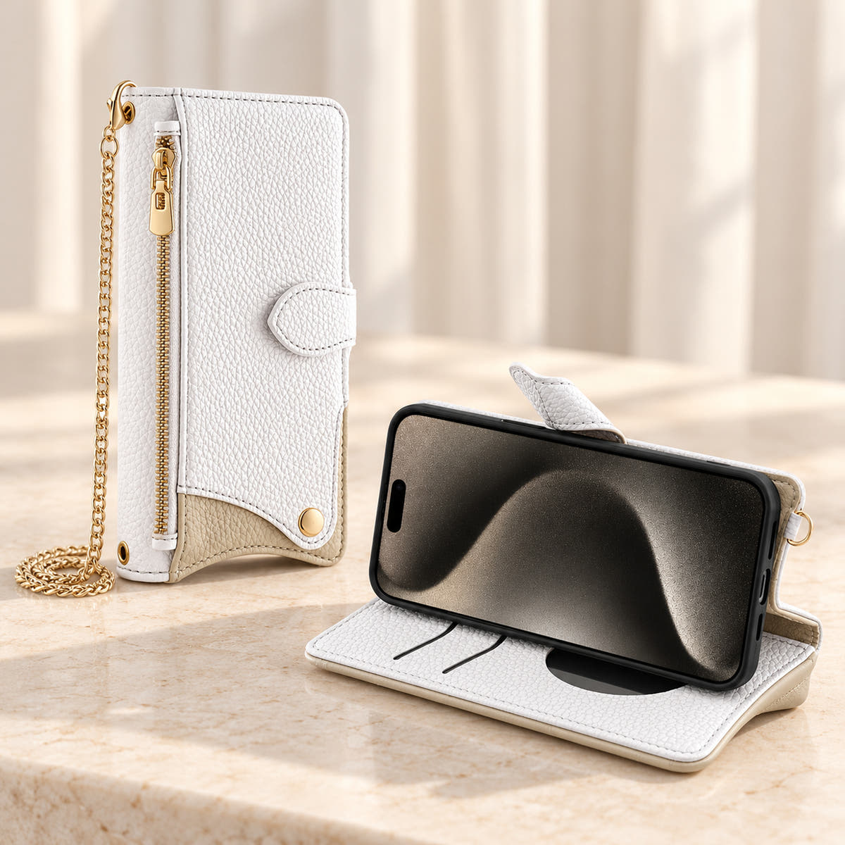 Luxe Colourblock iPhone wallet case in White folded into a landscape viewing stand