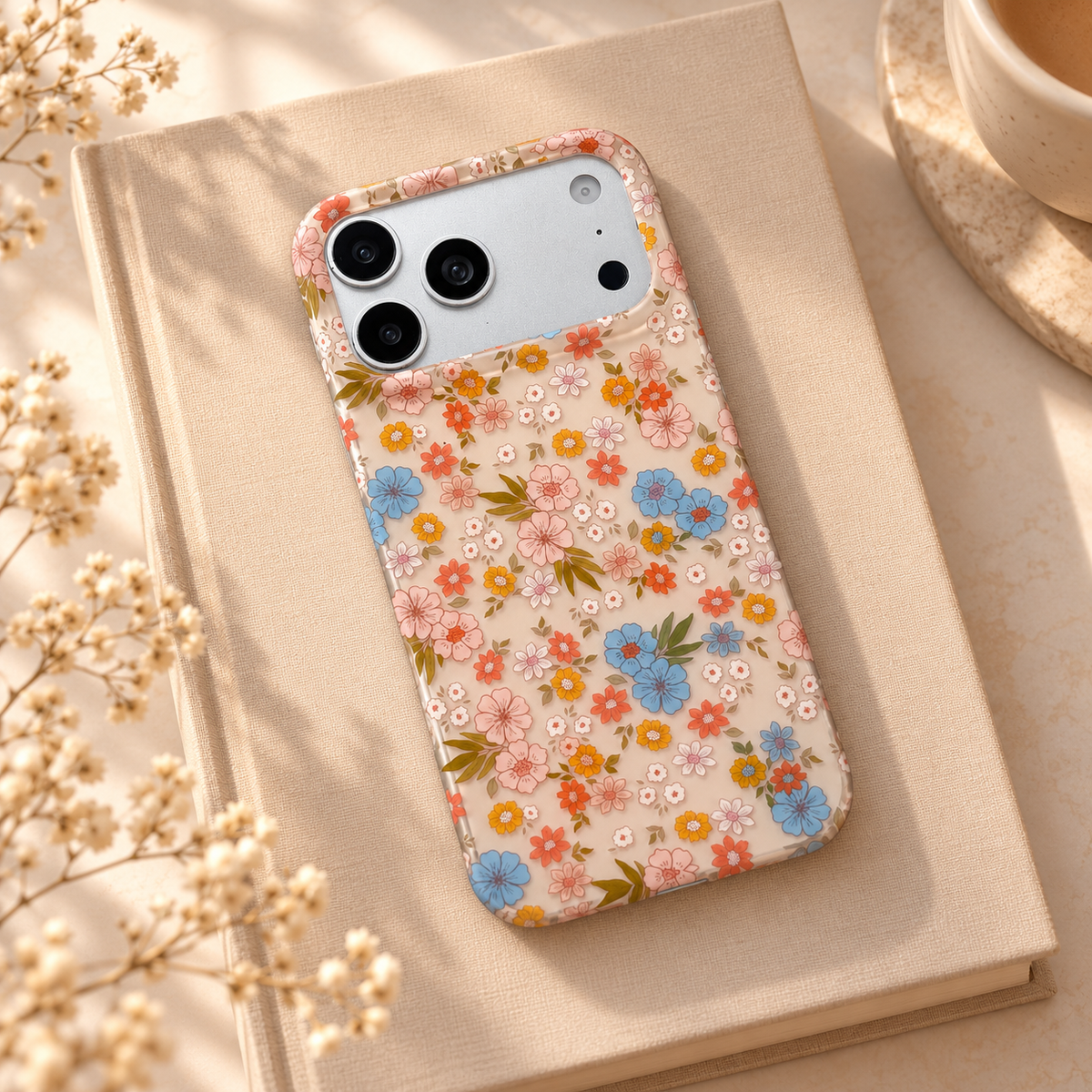 Meadow Floral iPhone case — floral case on a neutral book.