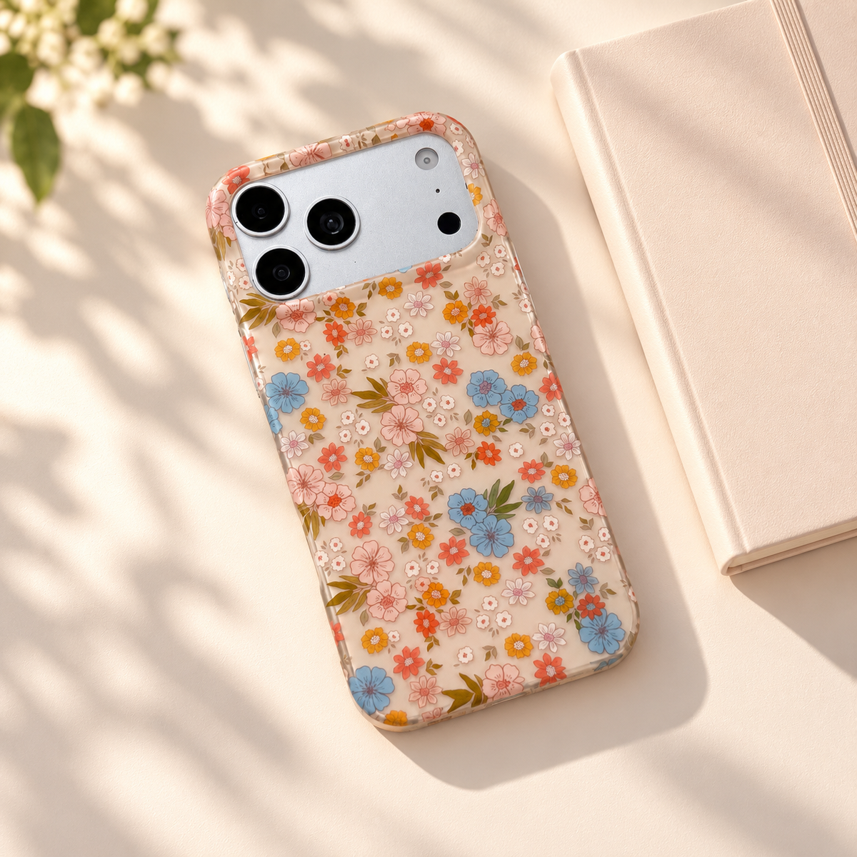 Meadow Floral iPhone case — everyday desk styling.