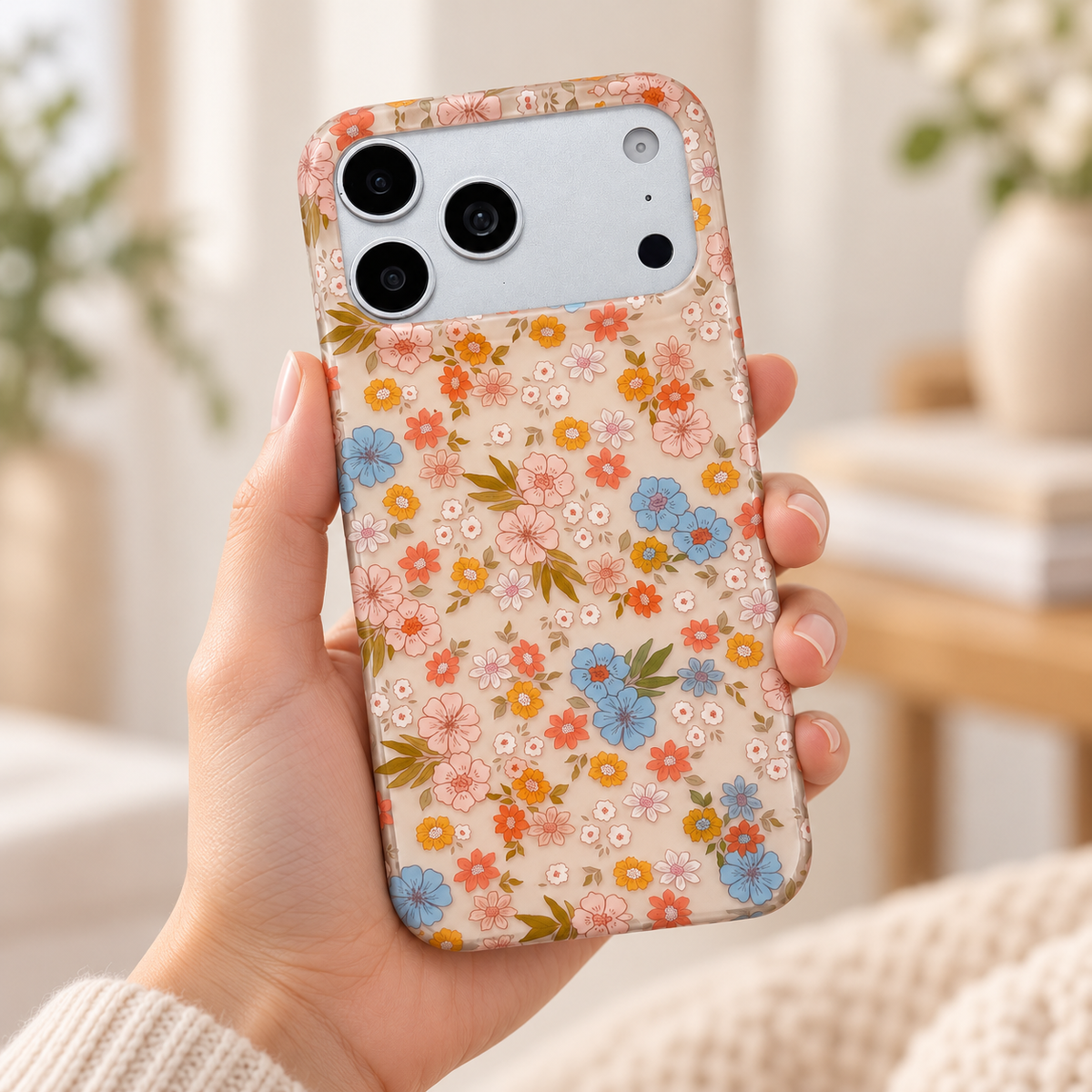 Meadow Floral iPhone case — handheld rear view.