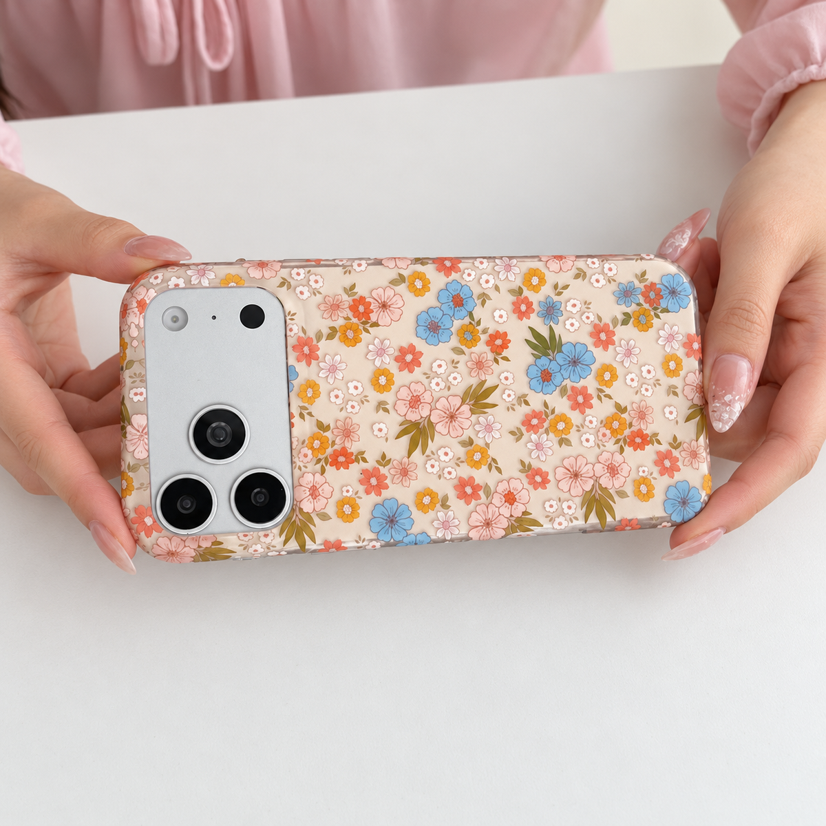 Meadow Floral iPhone case — horizontal handheld rear view.