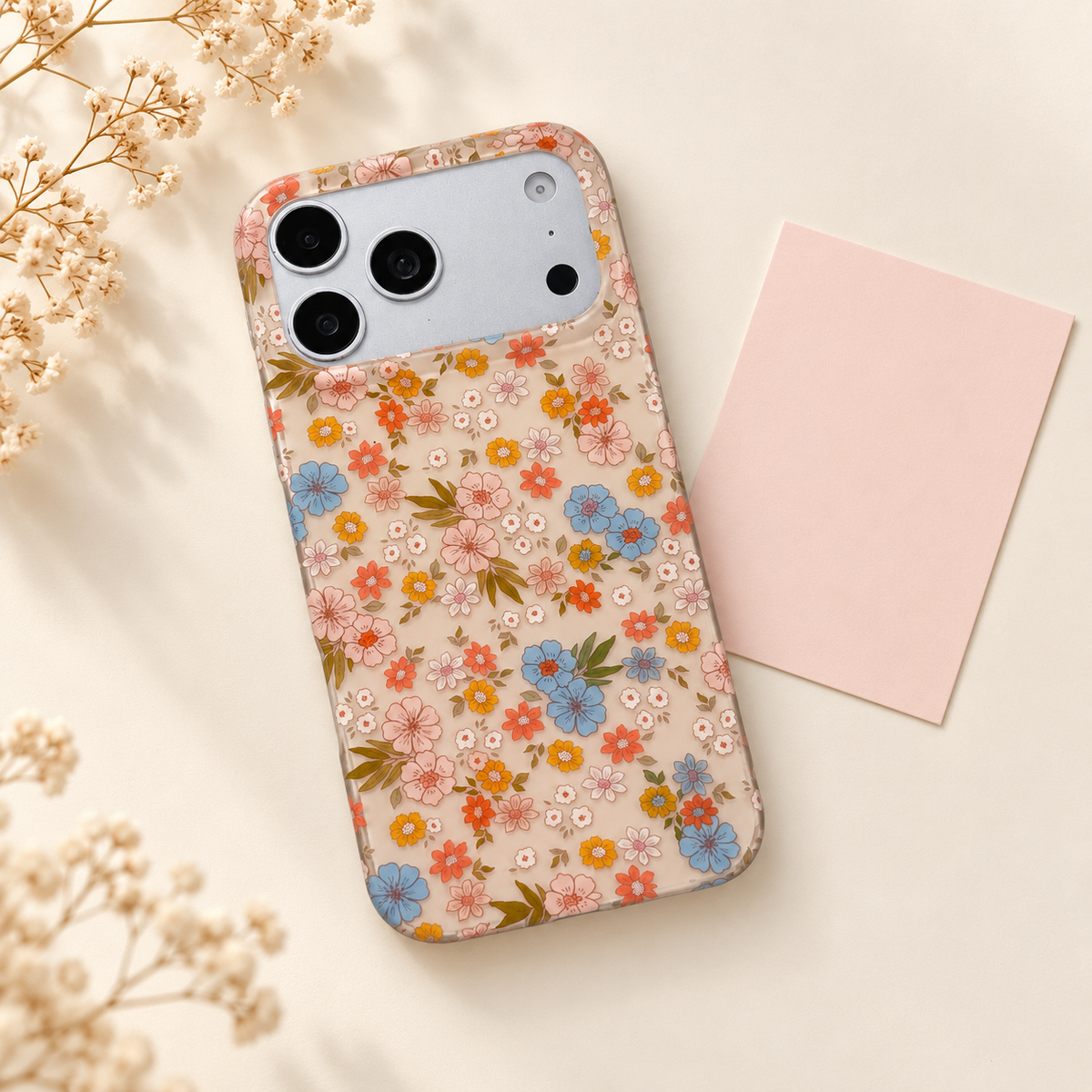 Meadow Floral iPhone case — floral case with blush stationery.