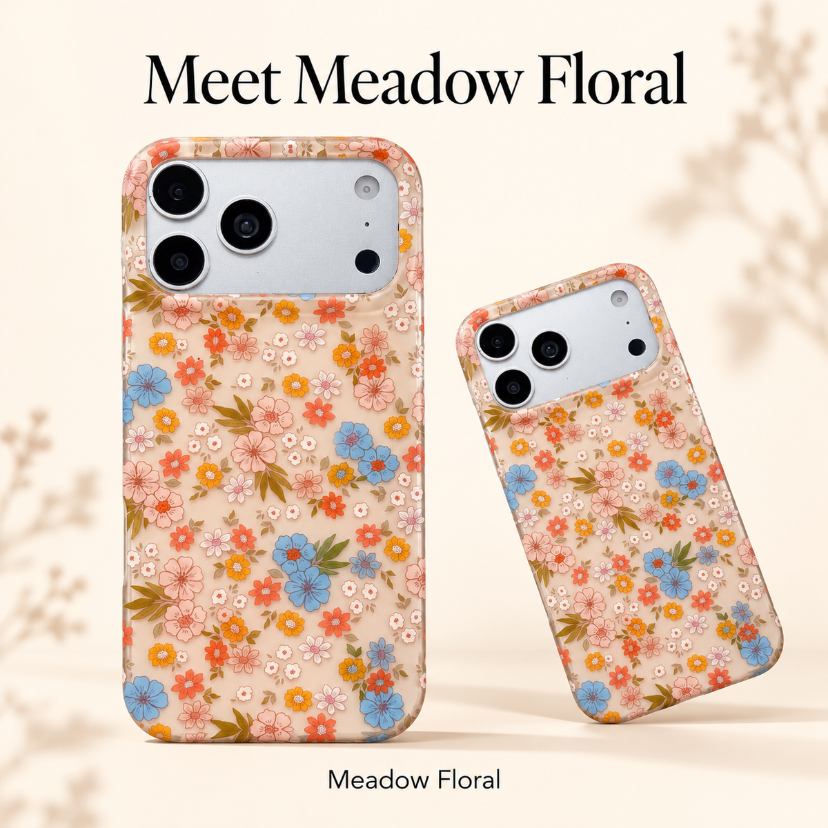 Meadow Floral iPhone case style guide with full and angled views.