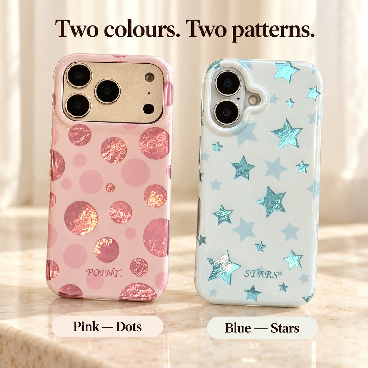 Pink dots and Blue stars design options for the Metallic Dots & Stars case
