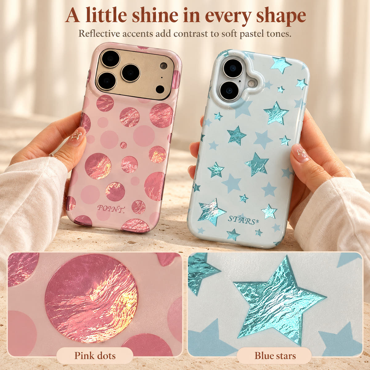 Reflective pink dots and blue stars detail comparison