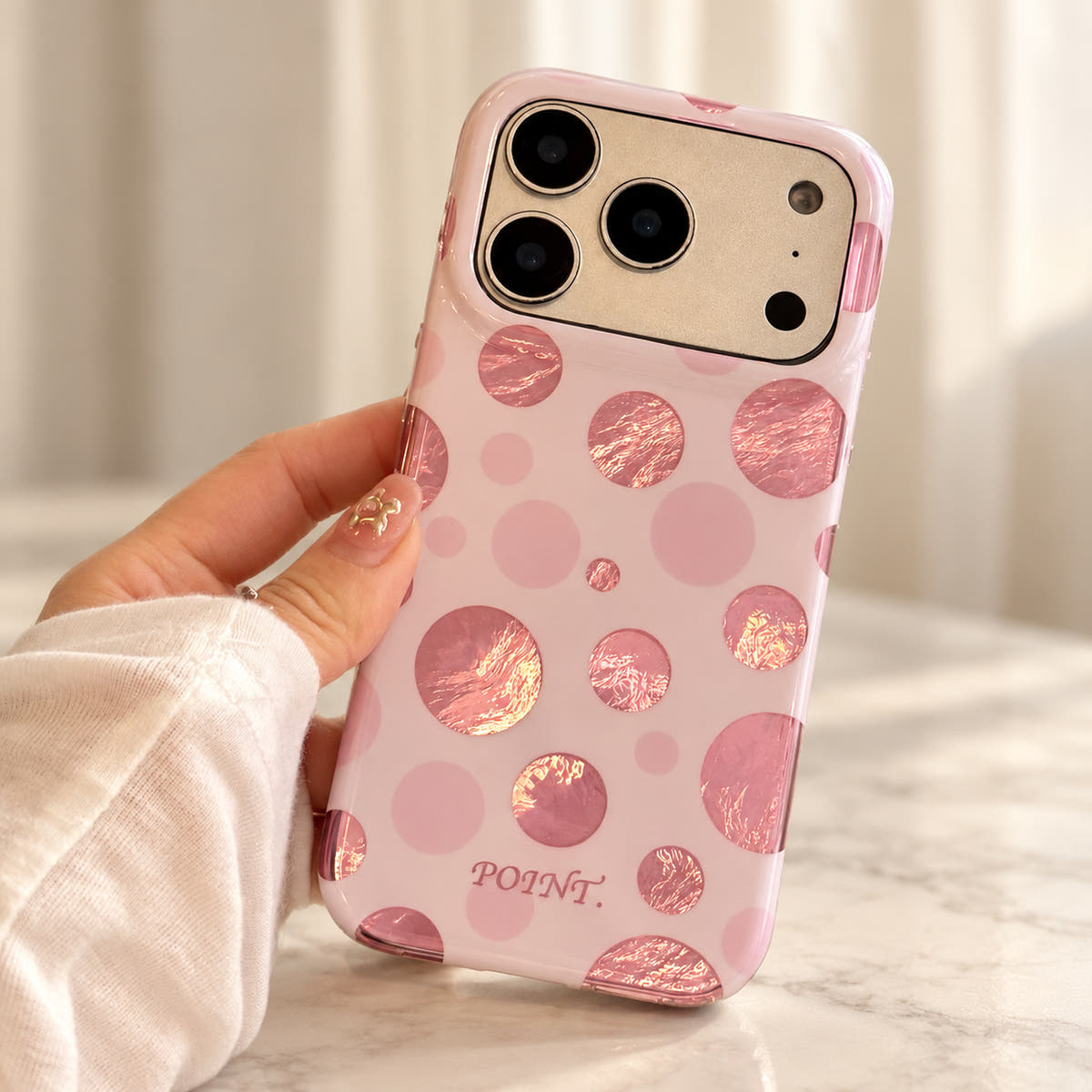 Metallic Dots & Stars iPhone case in Pink — camera detail view