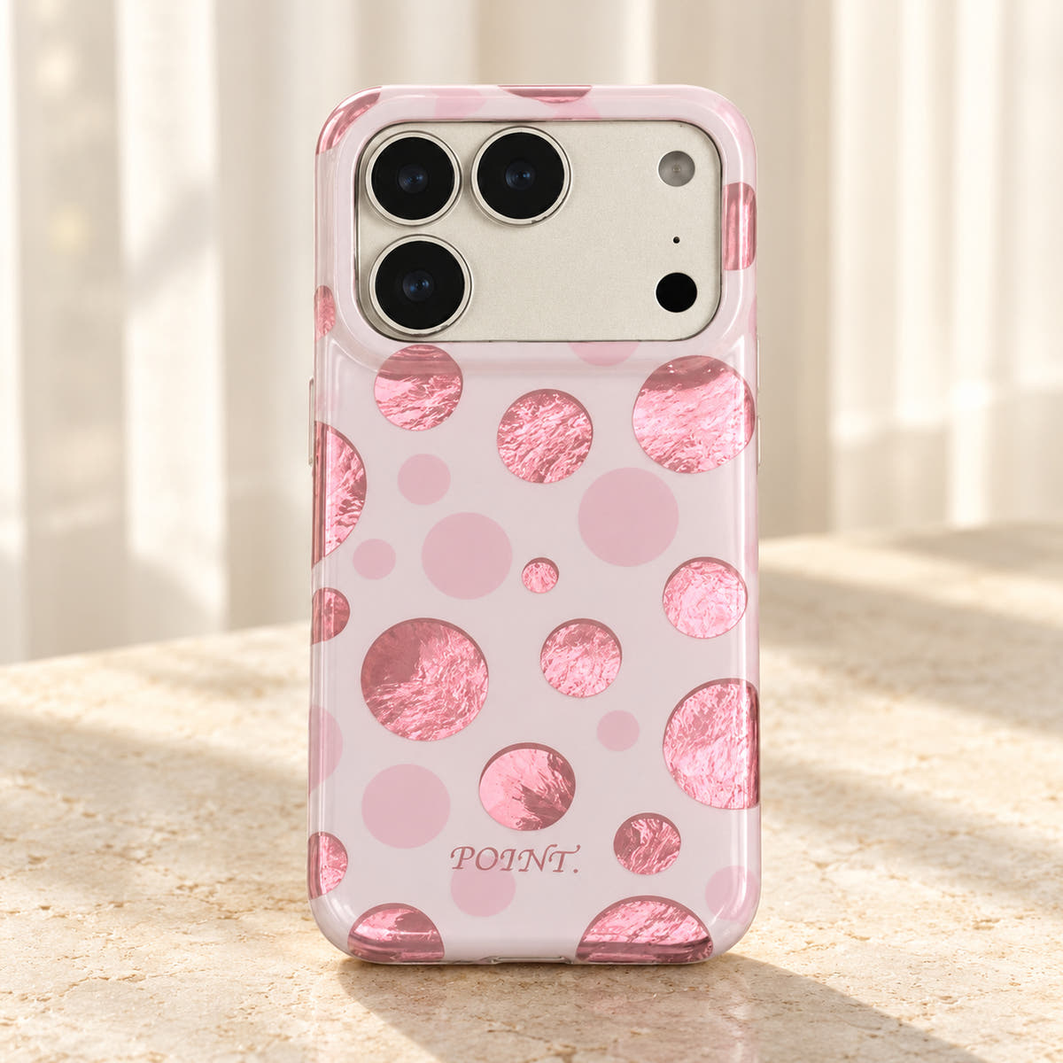 Metallic Dots & Stars iPhone case in Pink — flatlay view
