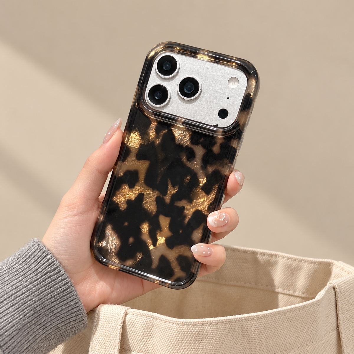 Dark Tortoiseshell iPhone case with black and warm brown mottled pattern — case held above an open tote.