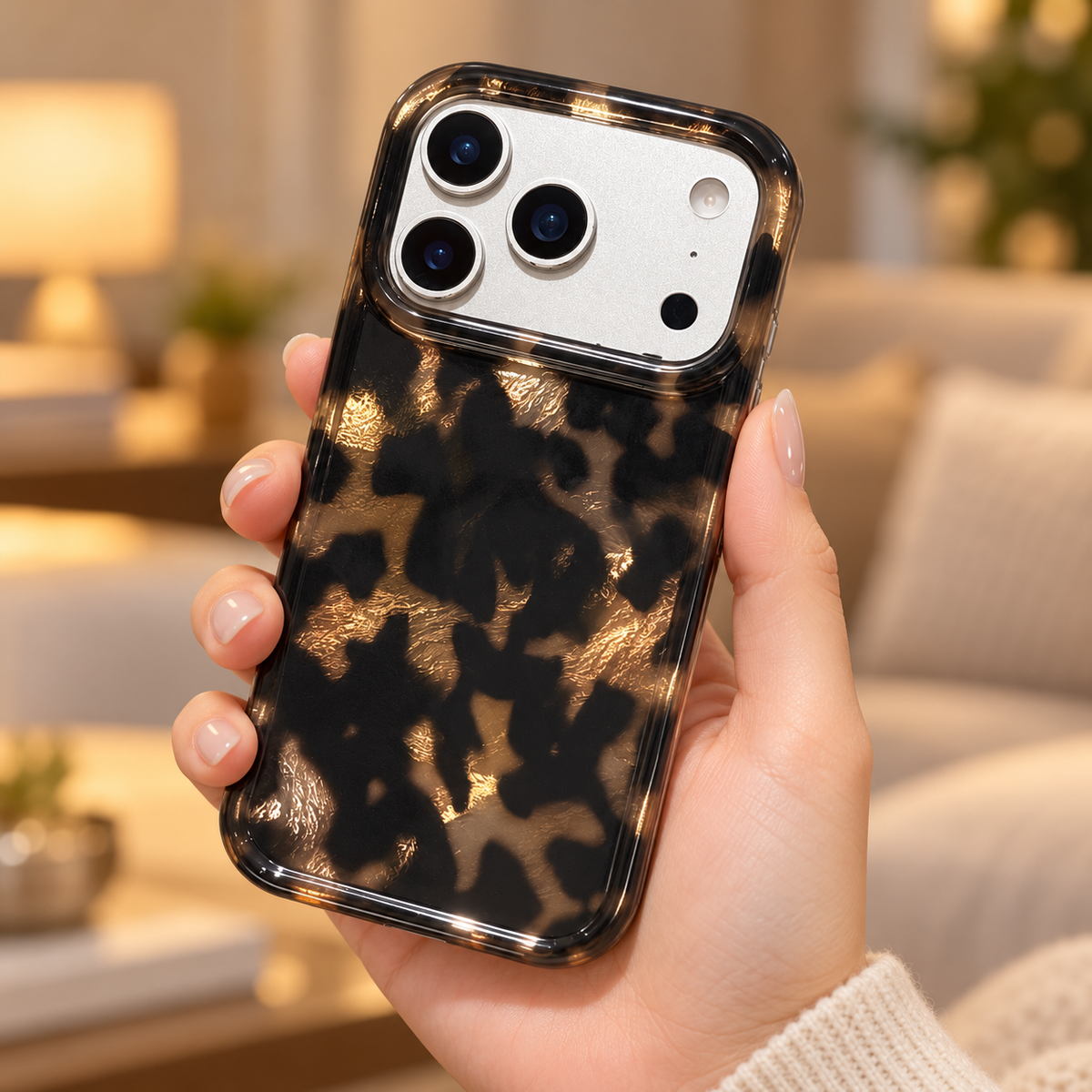 Dark Tortoiseshell iPhone case with black and warm brown mottled pattern — handheld rear view.