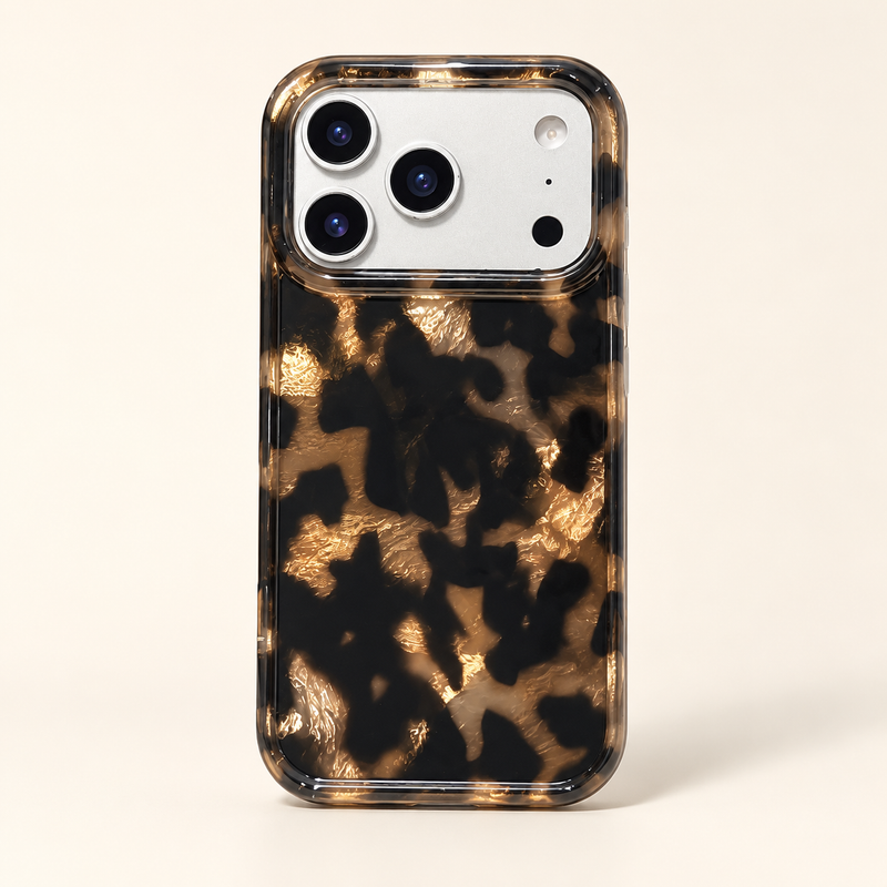 Dark Tortoiseshell iPhone case with black and warm brown mottled pattern — full rear studio portrait.