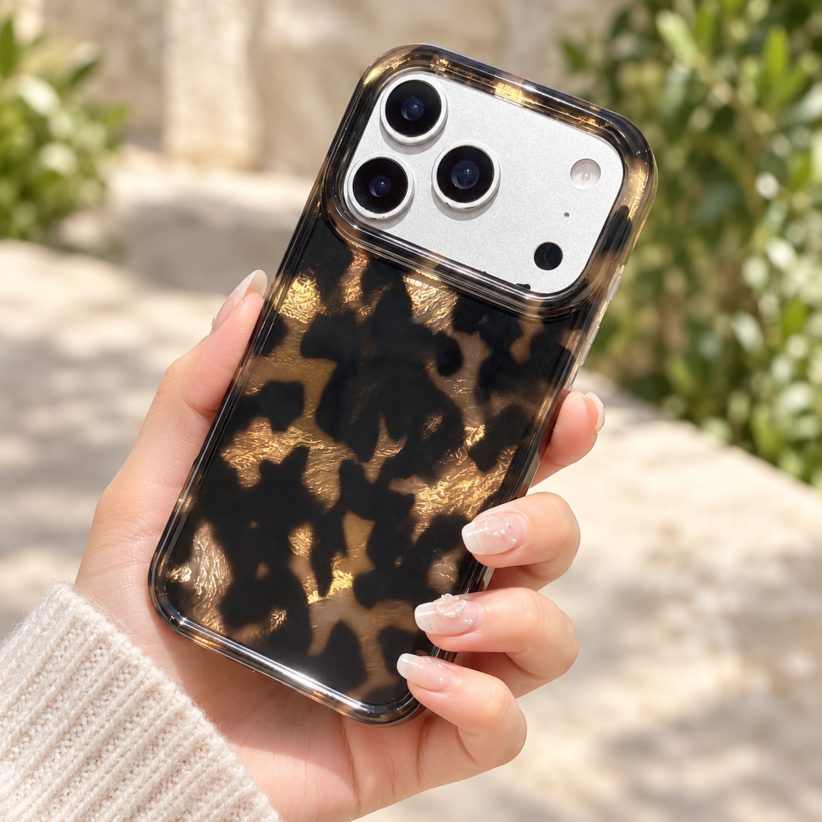 Dark Tortoiseshell iPhone case with black and warm brown mottled pattern — rear view in daylight.